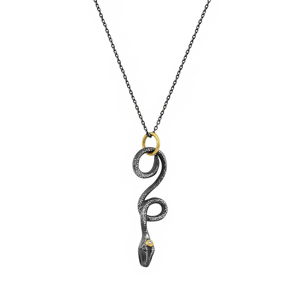 0.01ct Dia. 925 Silver & 24K Gold Snake Necklace - Picture 4 of 6